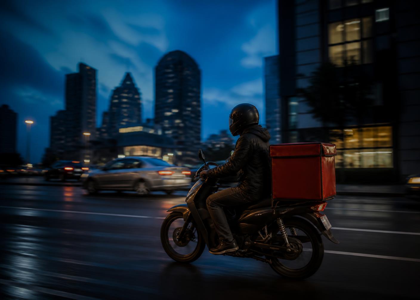 Entregador de moto com baú de comida na cidade ao anoitecer